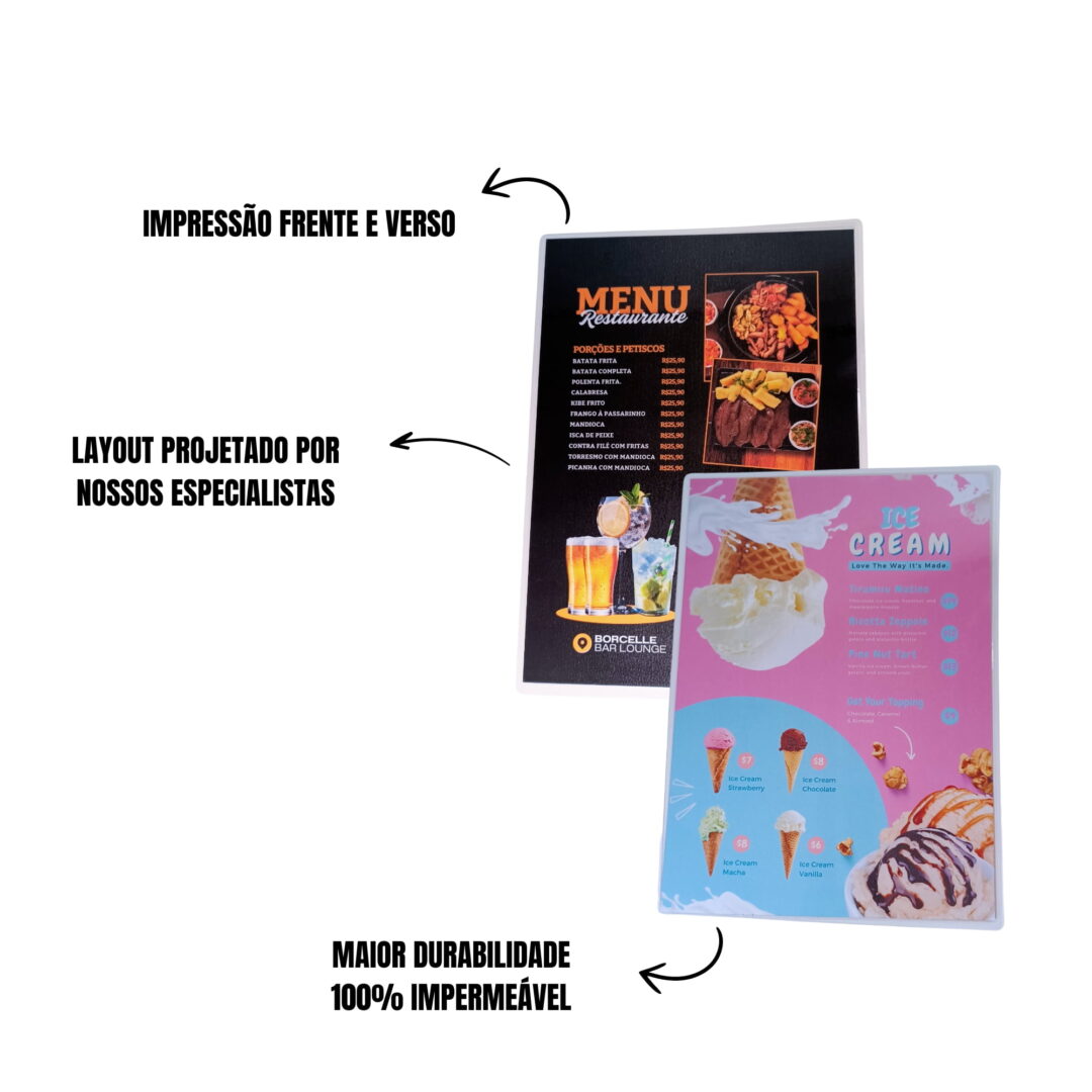 Kit 10 Cardápio A4 Plastificado com Sua Arte