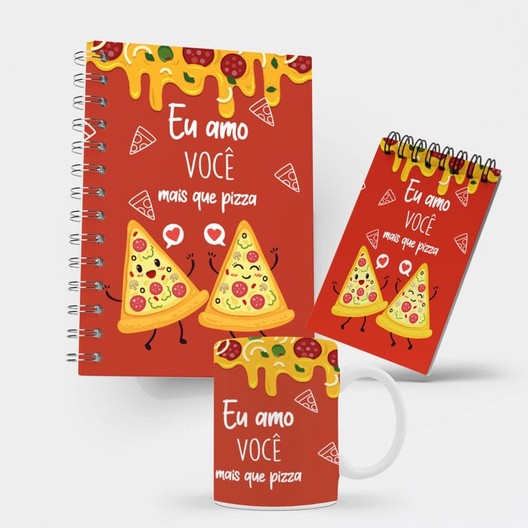 Kit Caderno, Bloco e Caneca – Namorados – Amo Mais Que Pizza