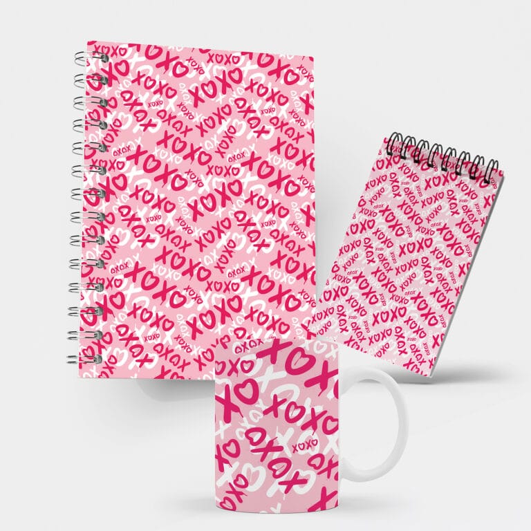 Kit Caderno, Bloco e Caneca – Namorados – XOXO – Rosa