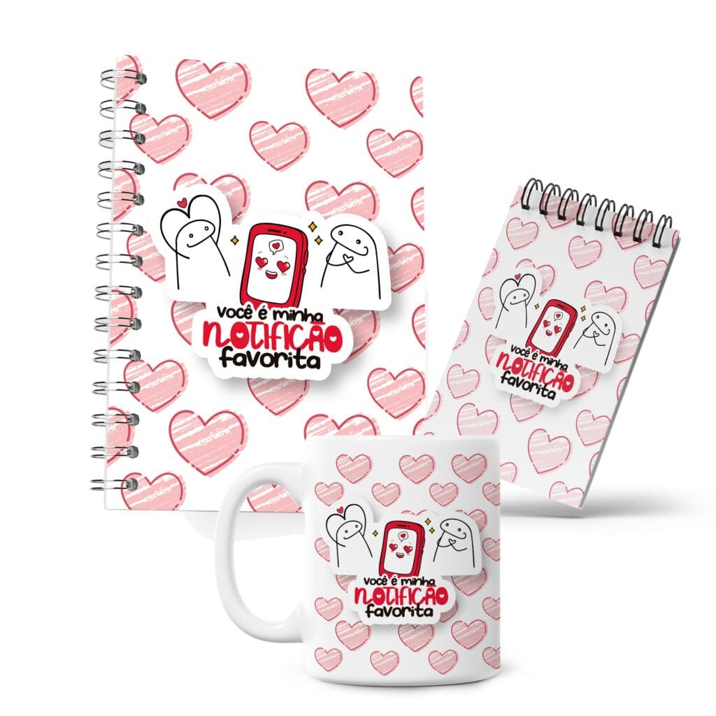 Kit Caderno, Bloco e Caneca - Amor - Flork - Notificação