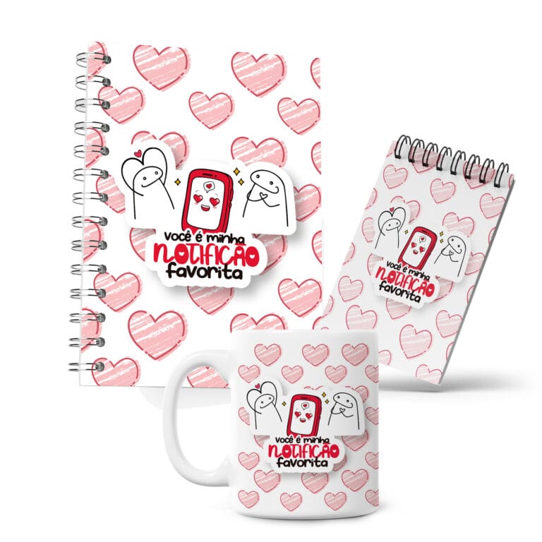 Kit Caderno, Bloco e Caneca – Amor – Flork – Notificação