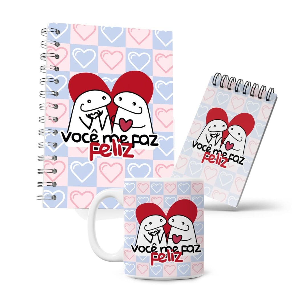 Kit Caderno, Bloco e Caneca - Amor - Flork - Me Faz Feliz