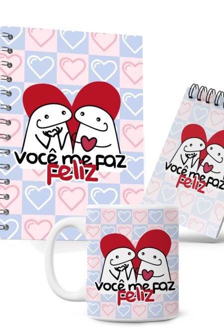 Kit Caderno, Bloco e Caneca - Amor - Flork - Me Faz Feliz