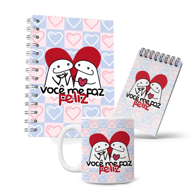 Kit Caderno, Bloco e Caneca – Amor – Flork – Me Faz Feliz