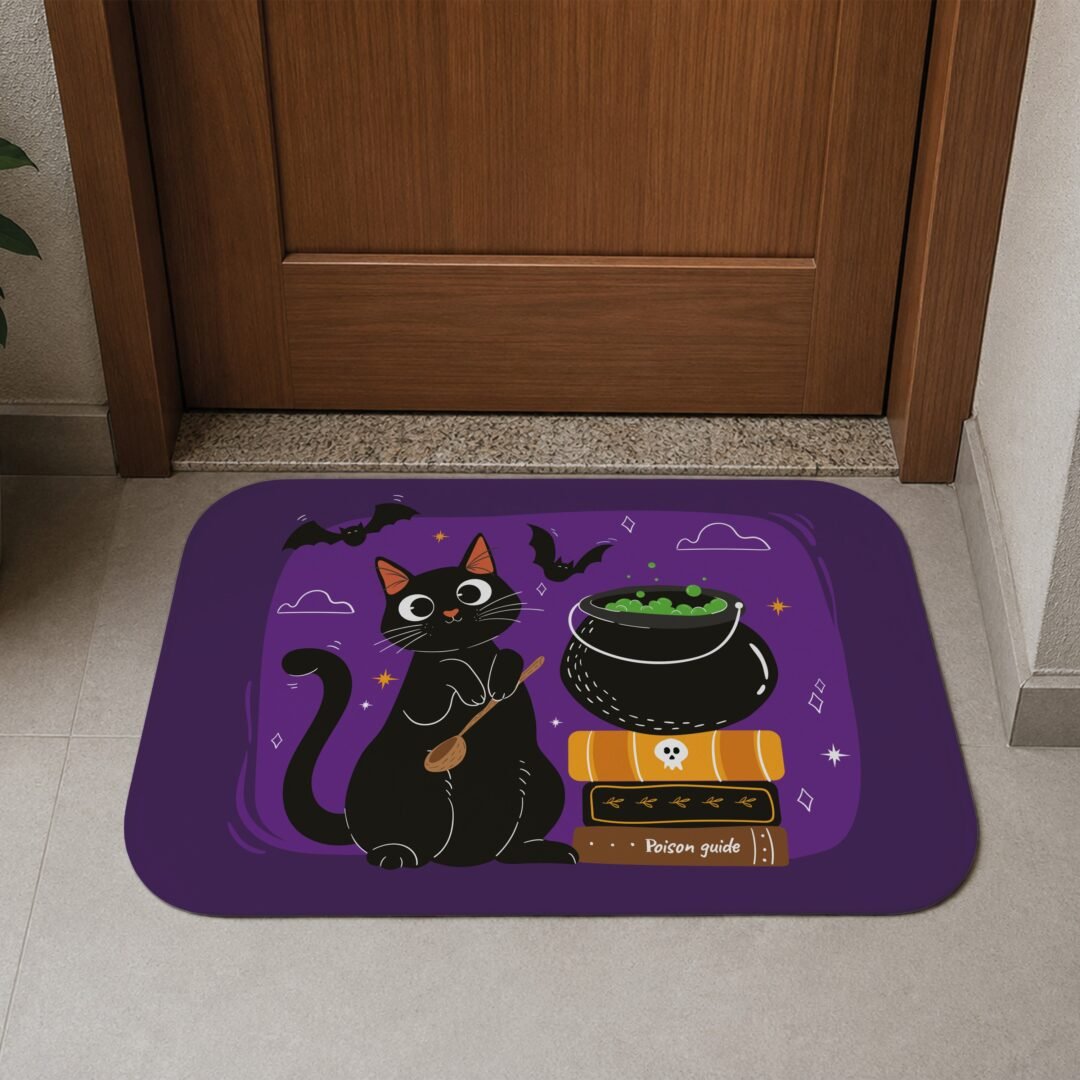 Tapete de Porta 60x40cm - Halloween - Gato Preto Bruxo