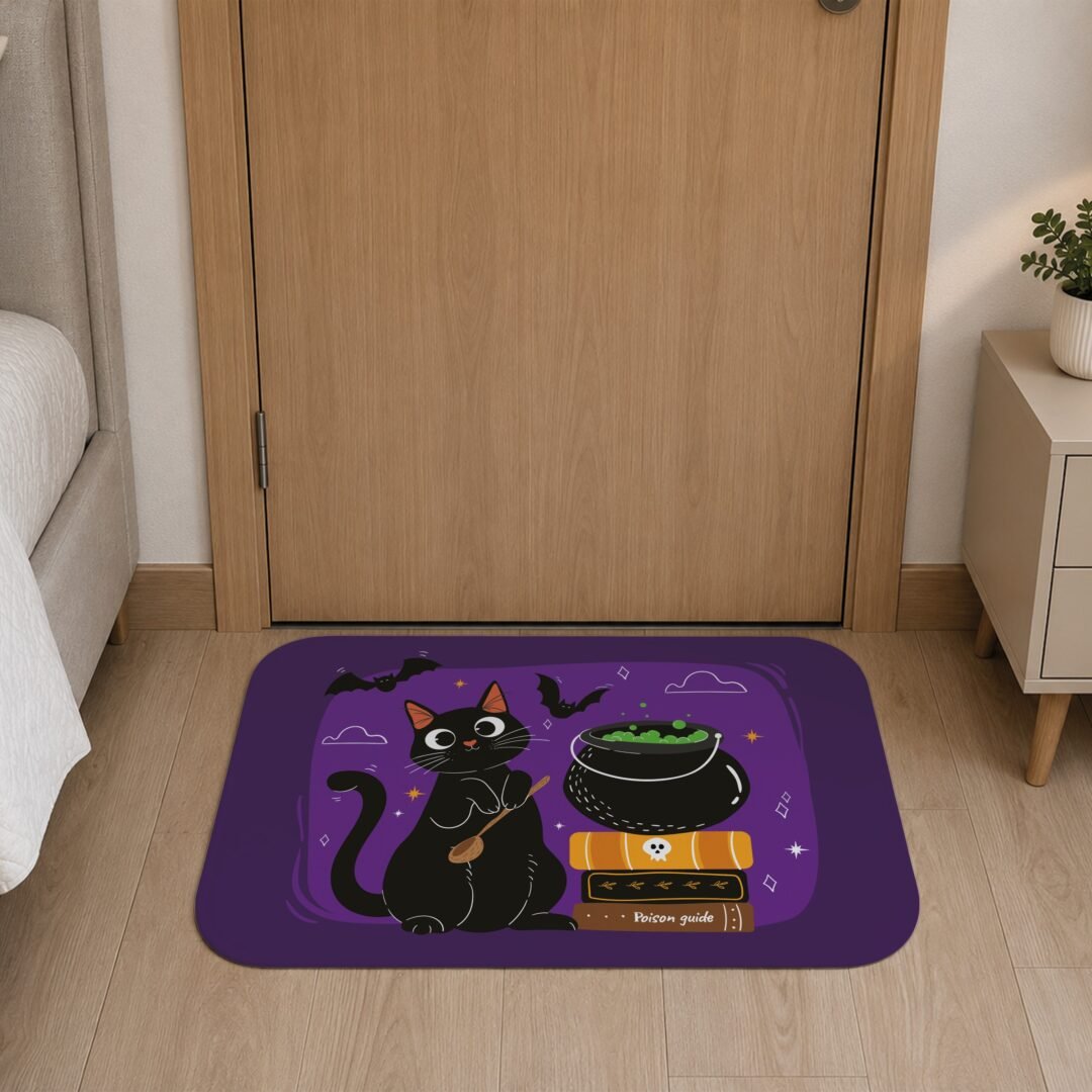 Tapete de Porta 60x40cm - Halloween - Gato Preto Bruxo