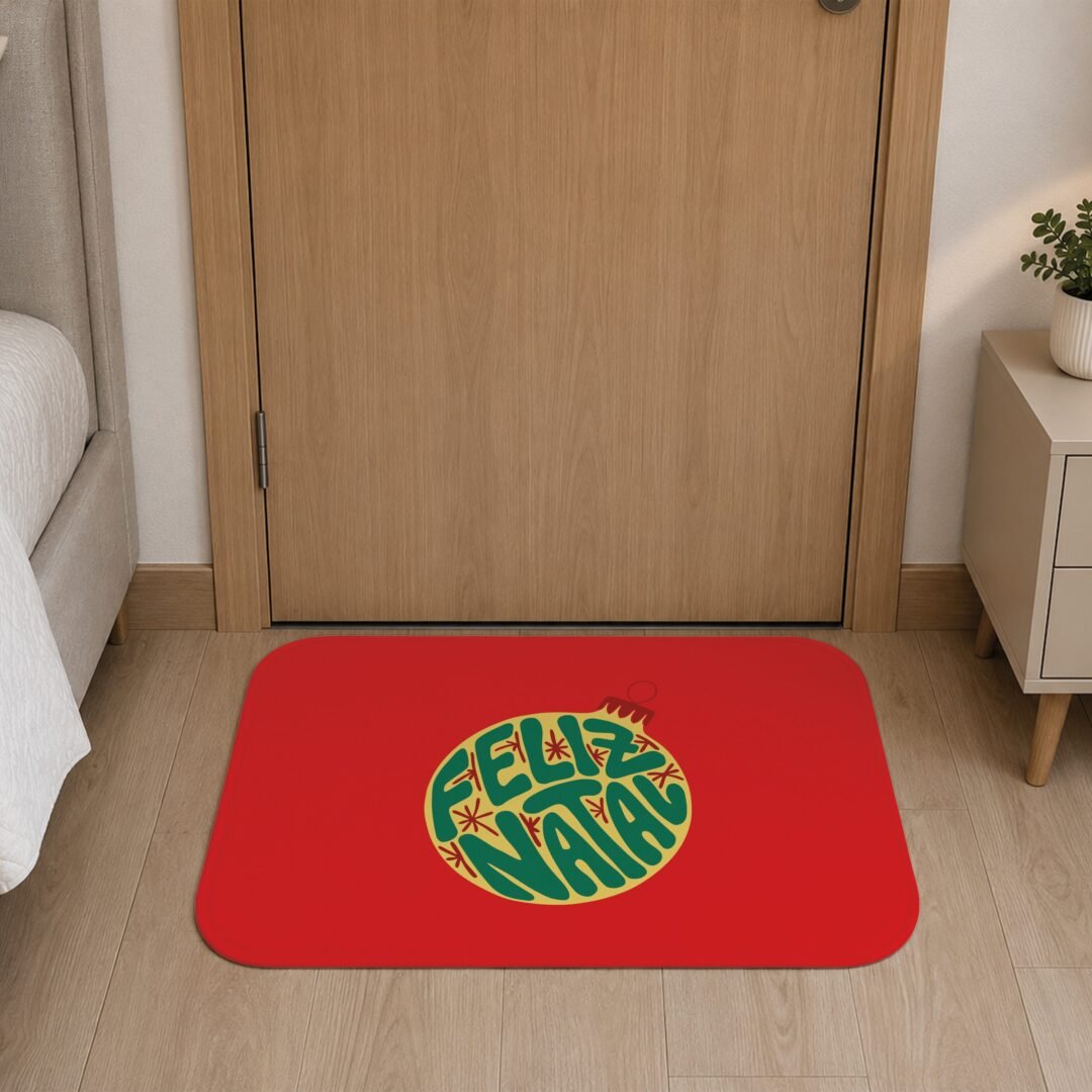 Tapete de Porta 60x40 - Natal - Bola Feliz Natal - Vermelho