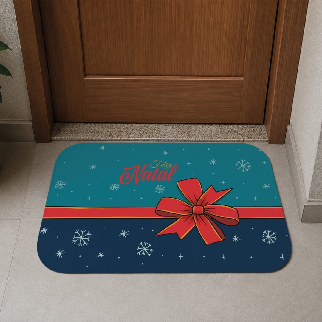Tapete de Porta 60x40 - Natal - Feliz Natal Laço - Azul