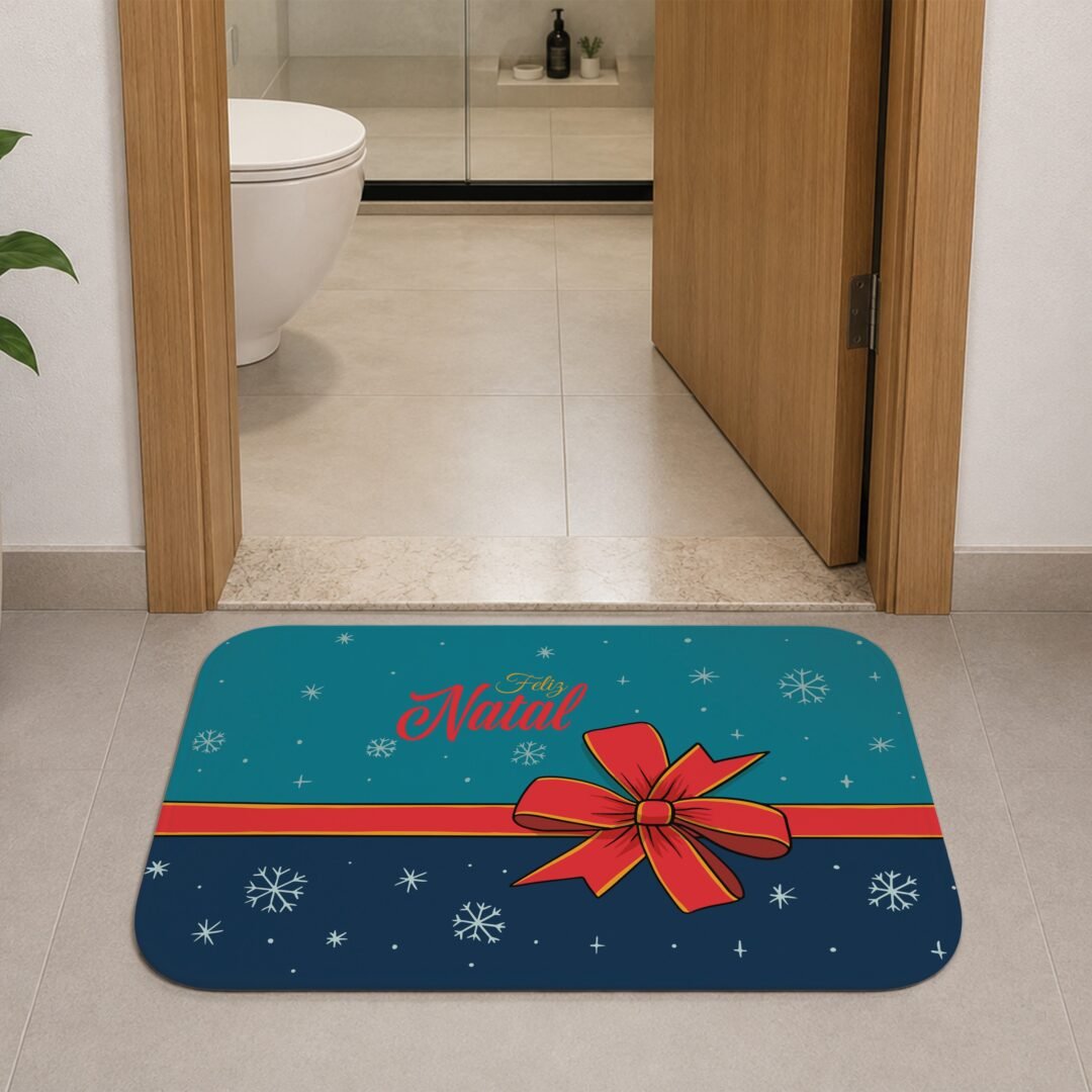 Tapete de Porta 60x40 - Natal - Feliz Natal Laço - Azul