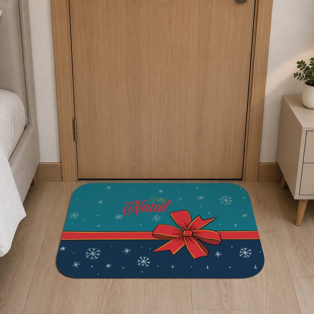 Tapete de Porta 60x40 - Natal - Feliz Natal Laço - Azul