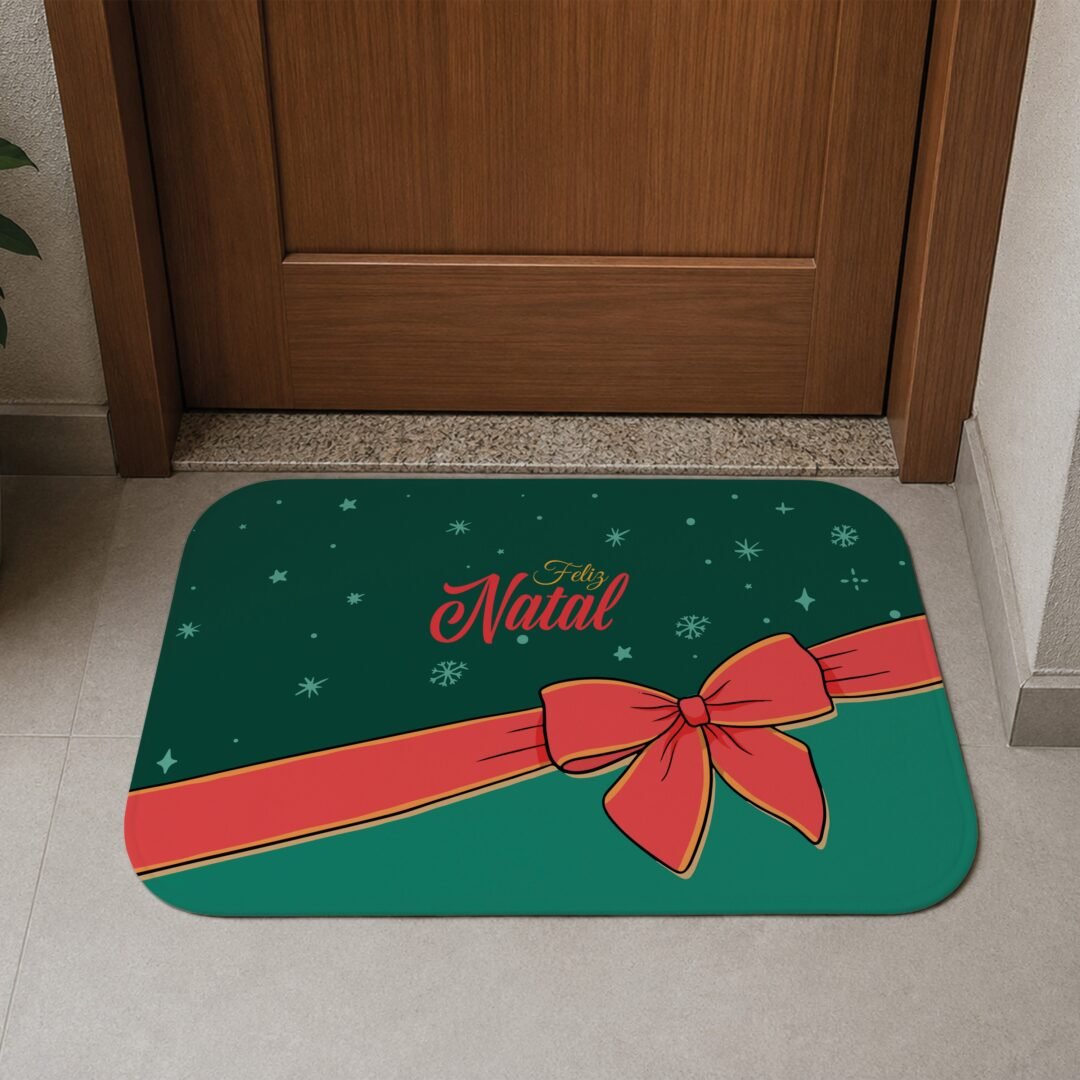Tapete de Porta 60x40 - Natal - Feliz Natal Laço - Verde