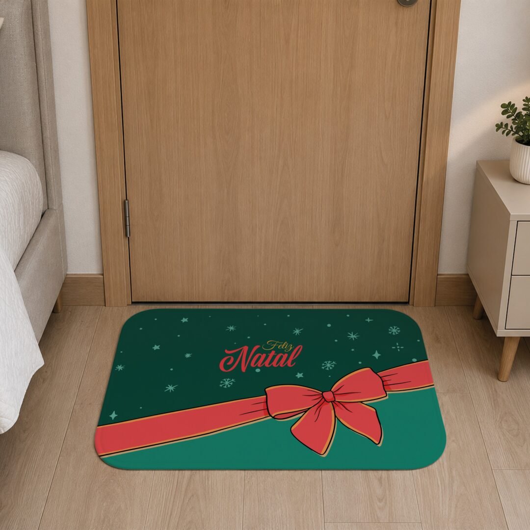 Tapete de Porta 60x40 - Natal - Feliz Natal Laço - Verde