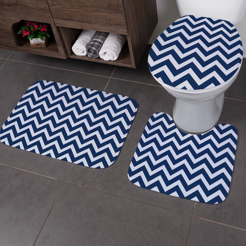 Jogo Tapete Banheiro - 3 peças - Zig Zag Azul Marinho