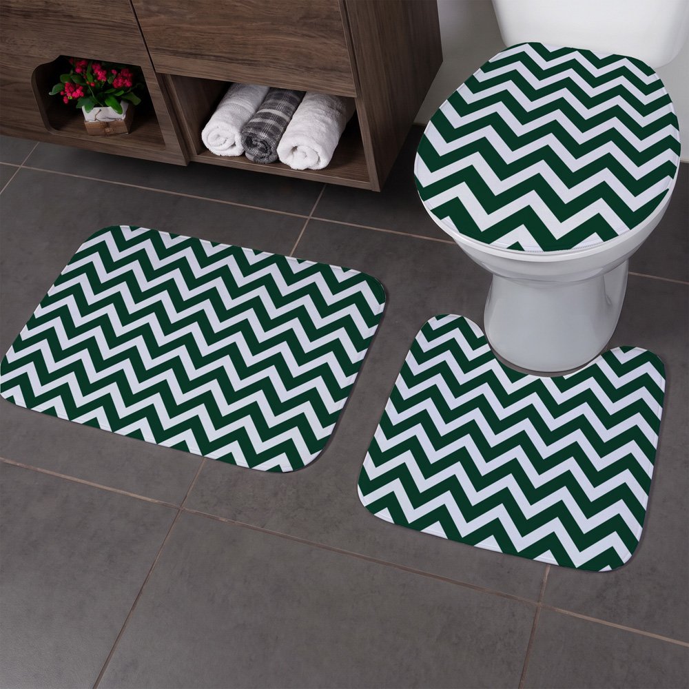 Jogo Tapete Banheiro - 3 peças - Zig Zag Verde Escuro
