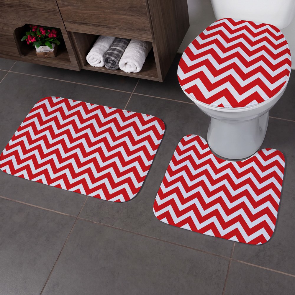 Jogo Tapete Banheiro - 3 peças - Zig Zag Vermelho