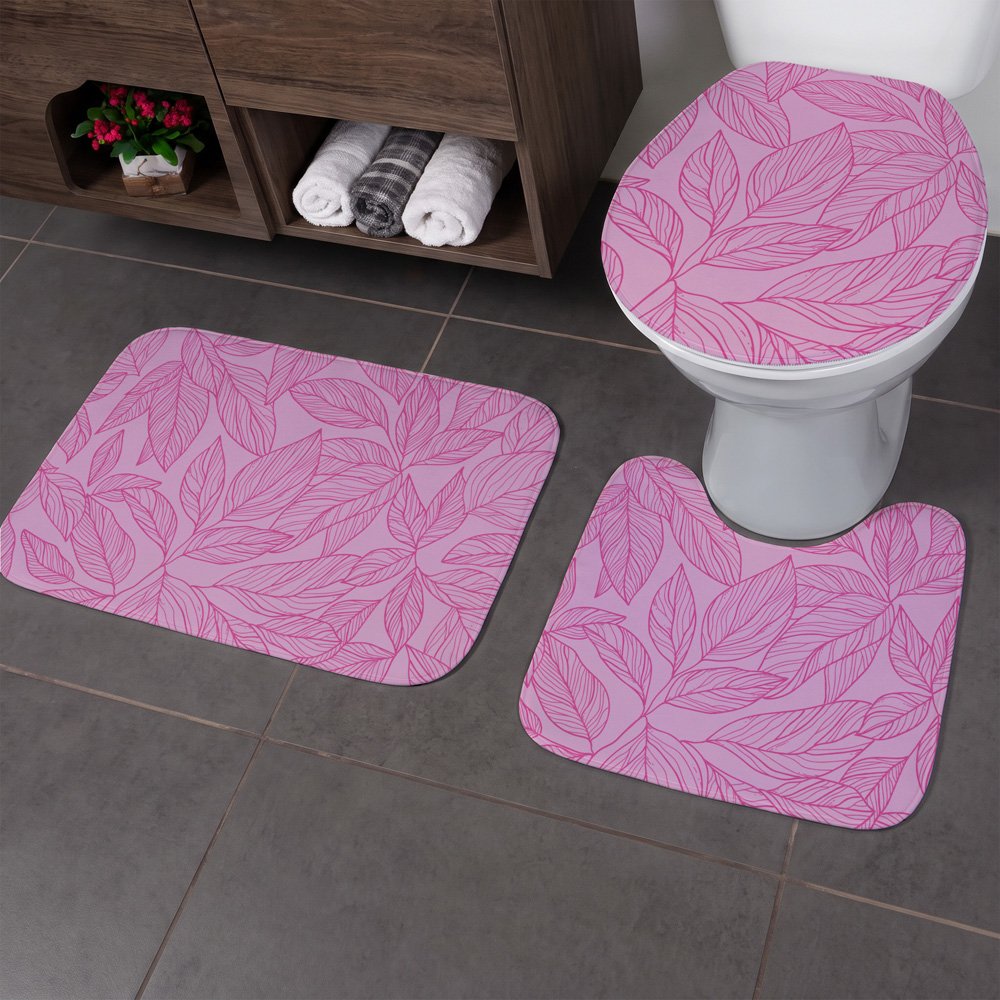 Jogo Tapete Banheiro - 3 peças - Folhagem Rosa
